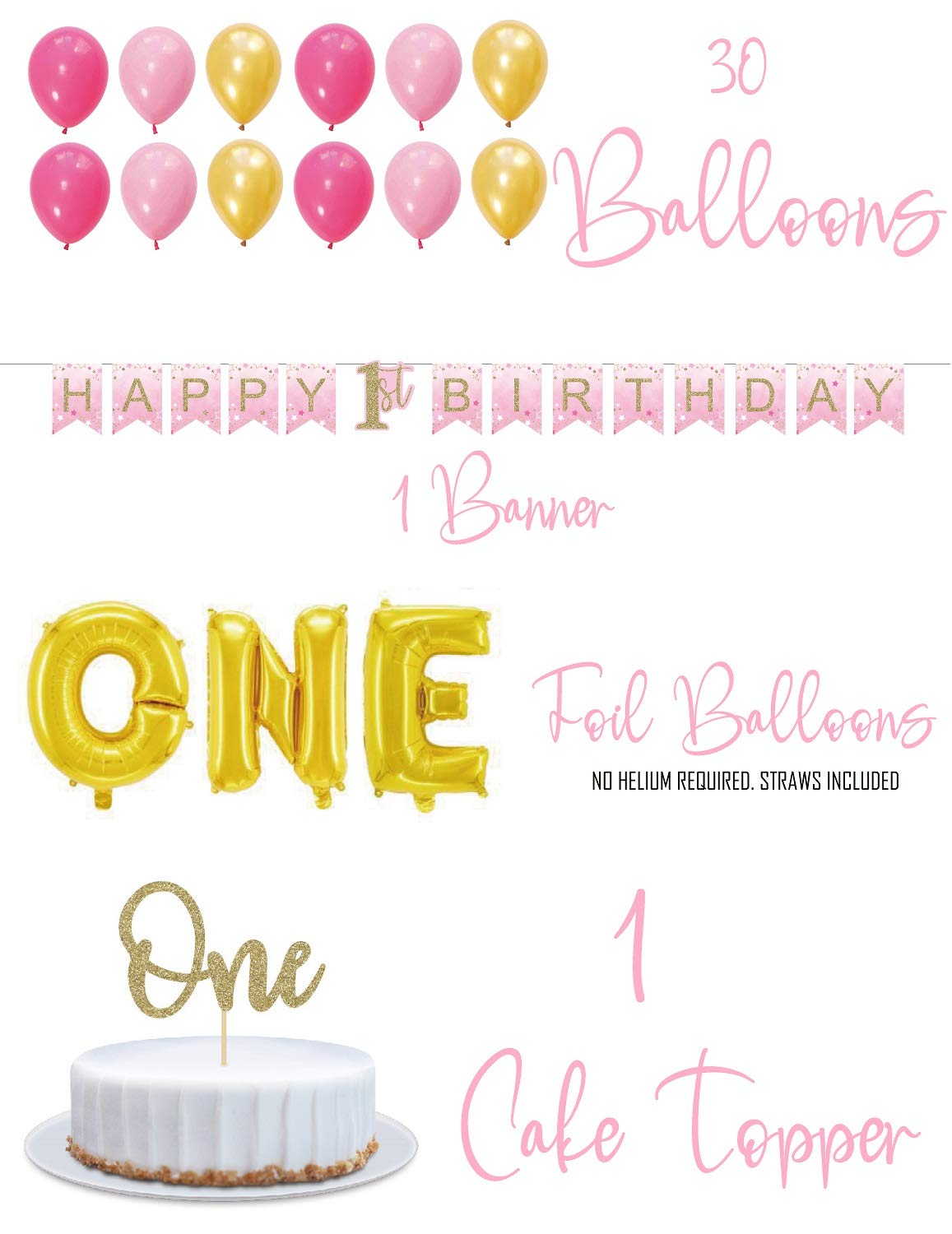Oojami 1st Birthday Party Supplies for Girls - Serves 30, Plates, Cups, Napkins, Table Cover, Balloons, Banner, One Letter Balloon - First Birthday