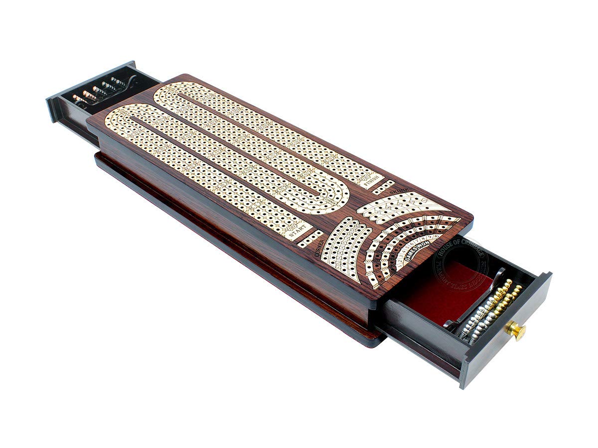 House of Cribbage - Continuous Cribbage Board/Box Inlaid in Rosewood/Maple : 4 Track - Side Drawers with Score Marking Fields for Skunks, Corners