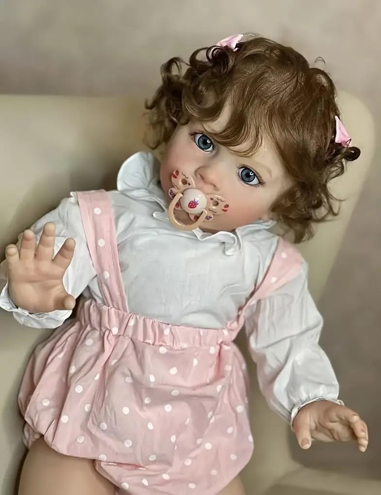 26 Inch Pippa Reborn Doll Princess Toddler Real Born Baby Doll Girl with Brown Curly Hair and Feeding Accessories Anatomically Correct Lifelike