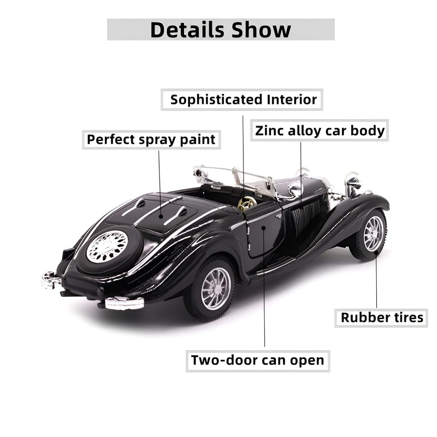 PUXU 1:28 Pullback Diecast Metal Antique Classic Model Cars Toy (Black)