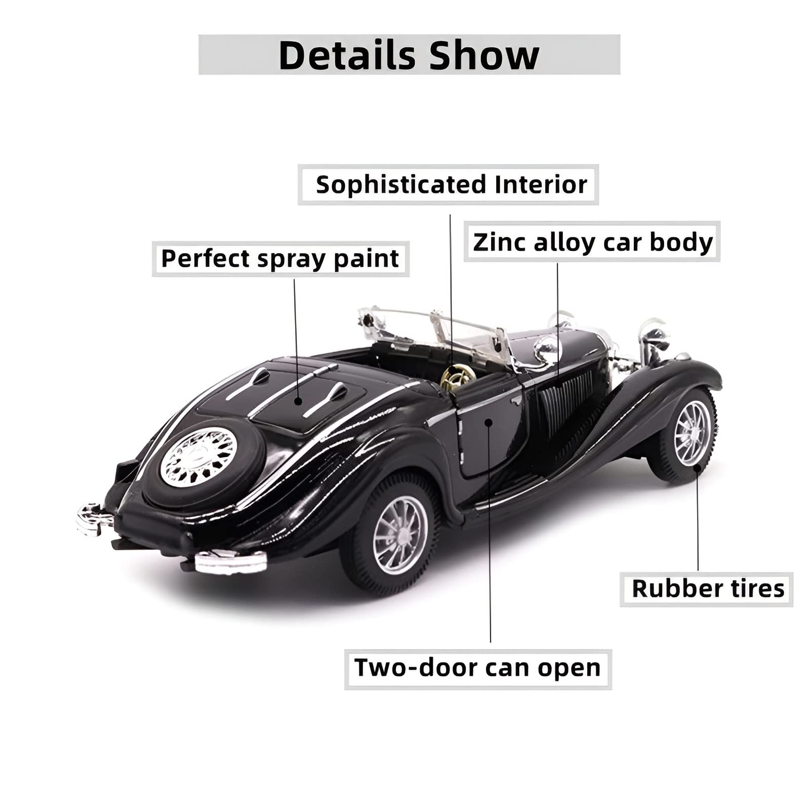 PUXU 1:28 Pullback Diecast Metal Antique Classic Model Cars Toy (Black)