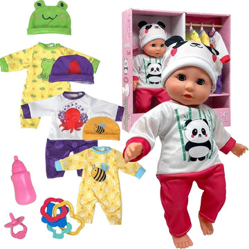 Soft Body Baby Doll with Accessories & 4 Sets of Animal Outfits, Realistic Baby Doll with Clothes & Toys, 14 Inch Doll Play Set Wardrobe Closet, Baby