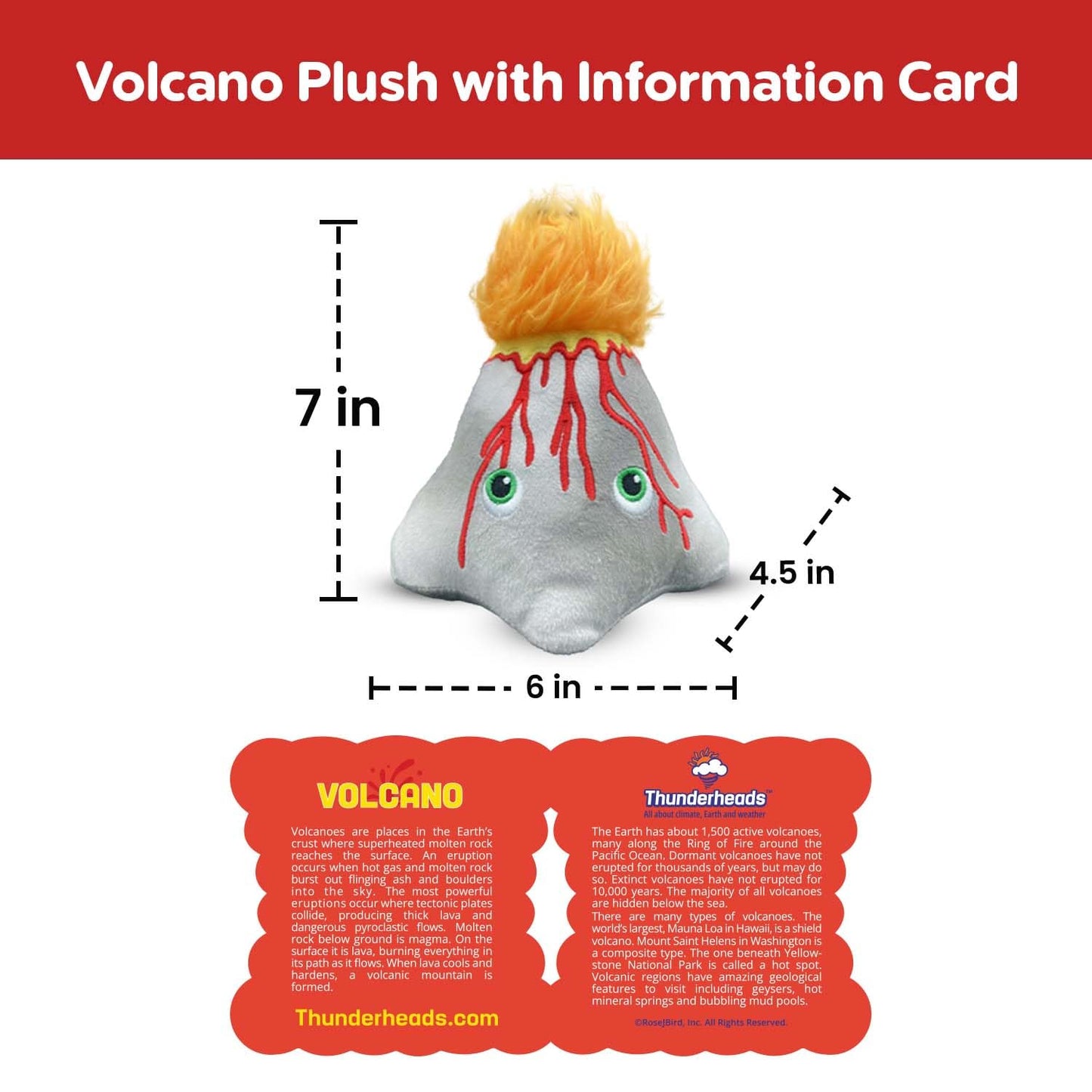 Thunderheads Volcano Plush, Earth Science Plushie with Colorful Lava and Erupting Design, Educational Fact Card STEM, goes Well with Volcano Kit