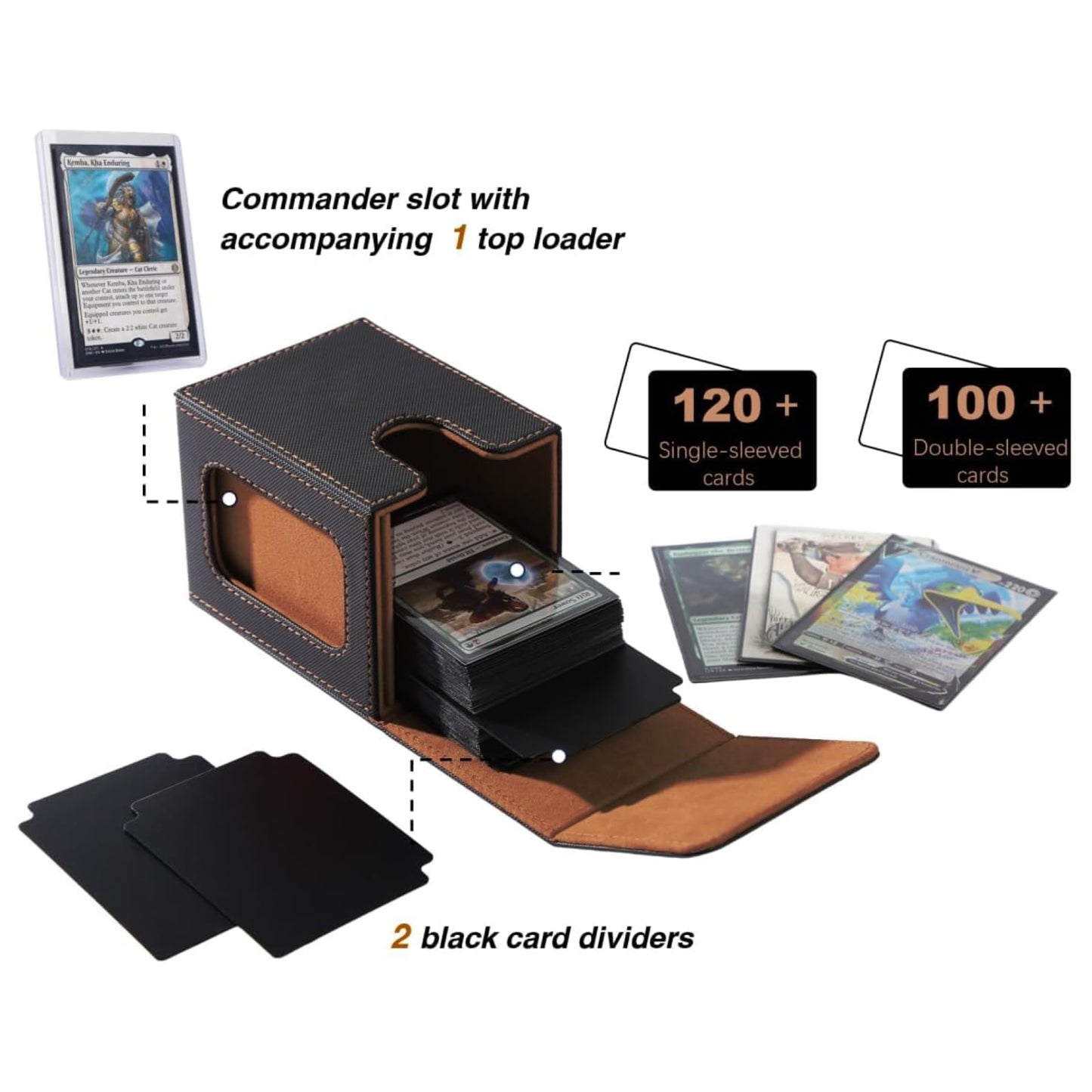 Venssu MTG Deck Box for Commander Display,Card Deck Box Fits 100 Double Sleeved Cards, TCG Card Storage with 2 Dividers and 1 Toploader (Black?Brown)