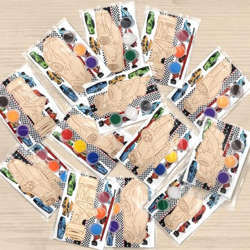 QICI Race Car Wooden Painting Kit Large Race Car Cards with Wood Painting Crafts Bulk -12 PCS Racing Birthday Party Supplies - Thank You for Coming