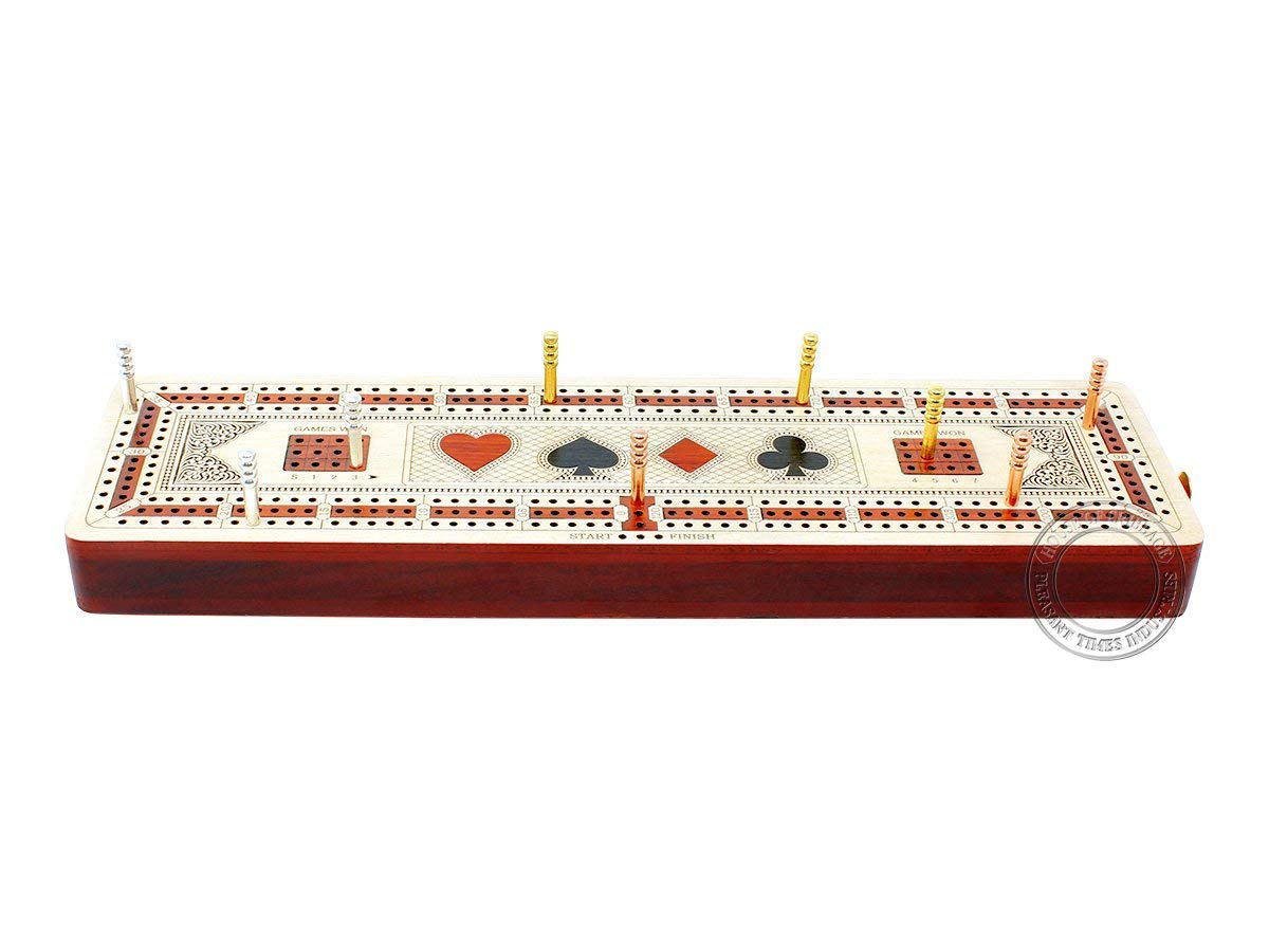 House of Cribbage - 3 Track Continuous Cribbage Board Inlaid in Maple Wood/Bloodwood - Size: 12.5 Inch - Wood Inlaid Card Symbols (Suits) + Storage