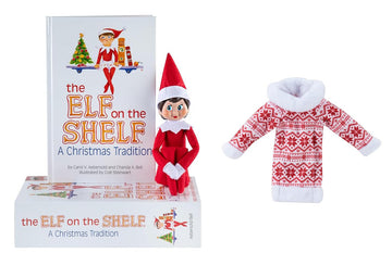 The Elf on the Shelf Scout Elf with Blue Eyes, Christmas Tradition Book Set with Claus Couture Snowflake Sweetie Fair Isle Dress, Red and White
