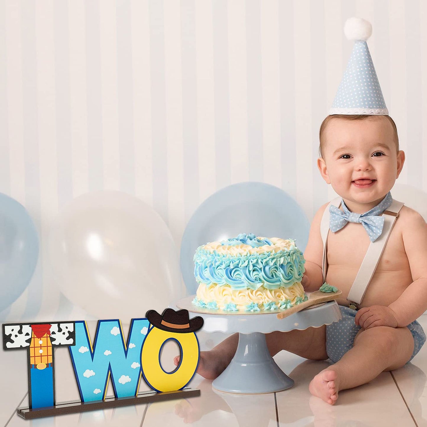 C1krint Toy Inspired Two Letter Sign Wooden Centerpiece, Cowboy 2nd Birthday Party Table Ornament Photo Props for Year Old Baby Boys Cartoon Theme