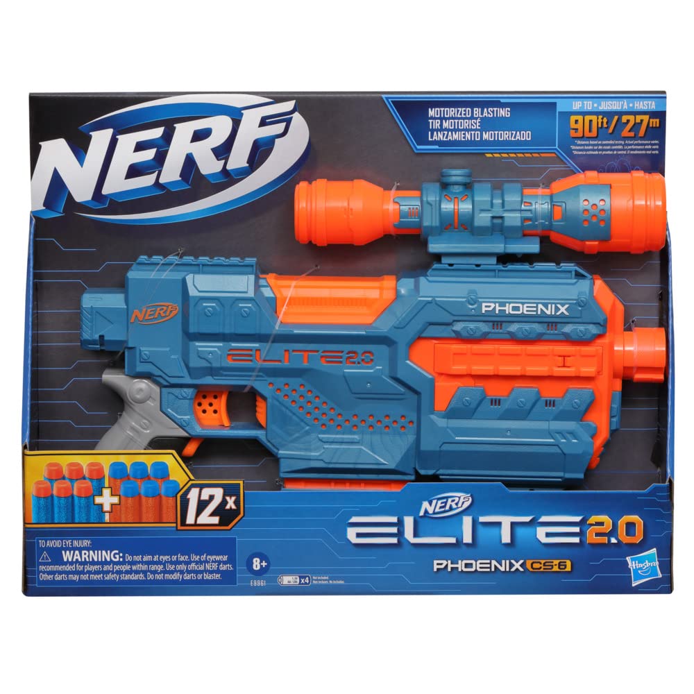 Nerf Elite 2.0 Phoenix CS-6 Motorized Blaster, 12 Official Darts, 6-Dart Clip, Scope, Tactical Rails, Barrel and Stock Attachment Points