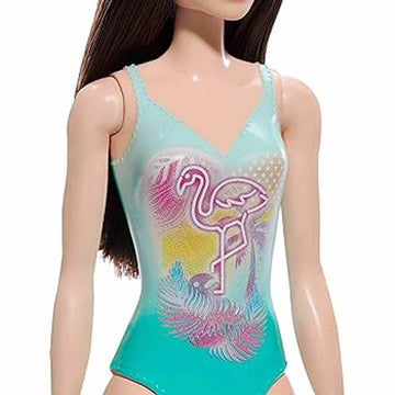 Beach Barbie Doll with Black Hair Wearing Tropical Blue Swimsuit