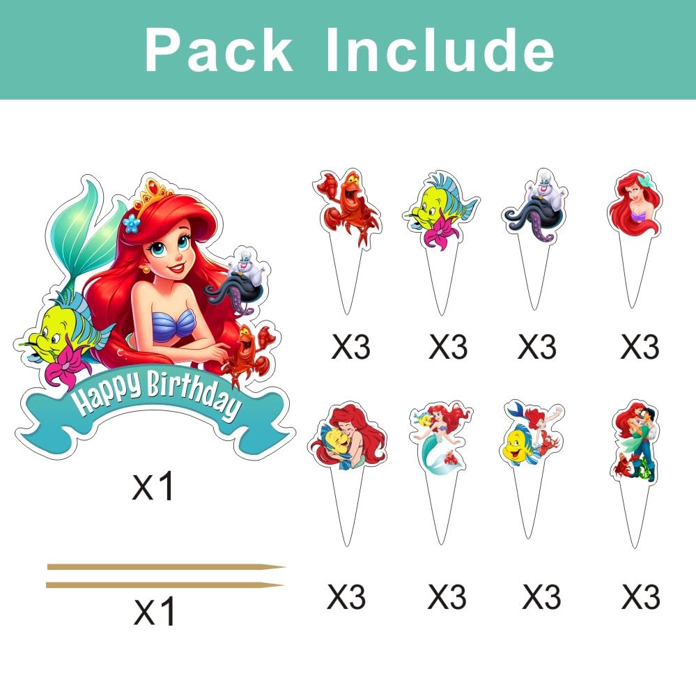 25Pcs Mermaid Cake Decorations with 24pcs Cupcake Toppers 1pcs Cake Topper for Girls Birthday Party Supplies
