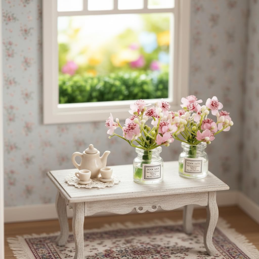 2Pcs Miniature Flowers in Vase Set - 1:6 Scale Dollhouse Décor with Realistic Details, Tiny Floral Arrangements for Micro Landscape, Train Platform