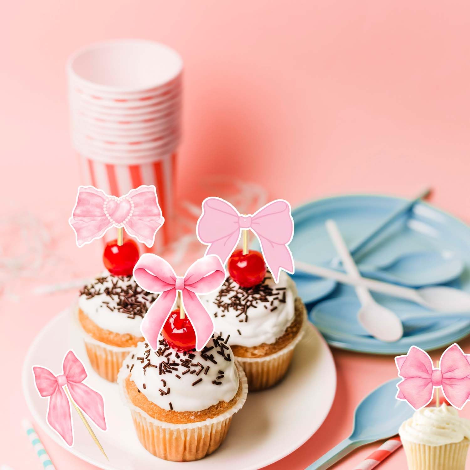24PCS Coquette Bow Cupcake Toppers, Pink Bow Coquette Birthday Cake Decorations for Bachelorette Bridal Engagement Wedding Girl Baby Shower Bow Theme