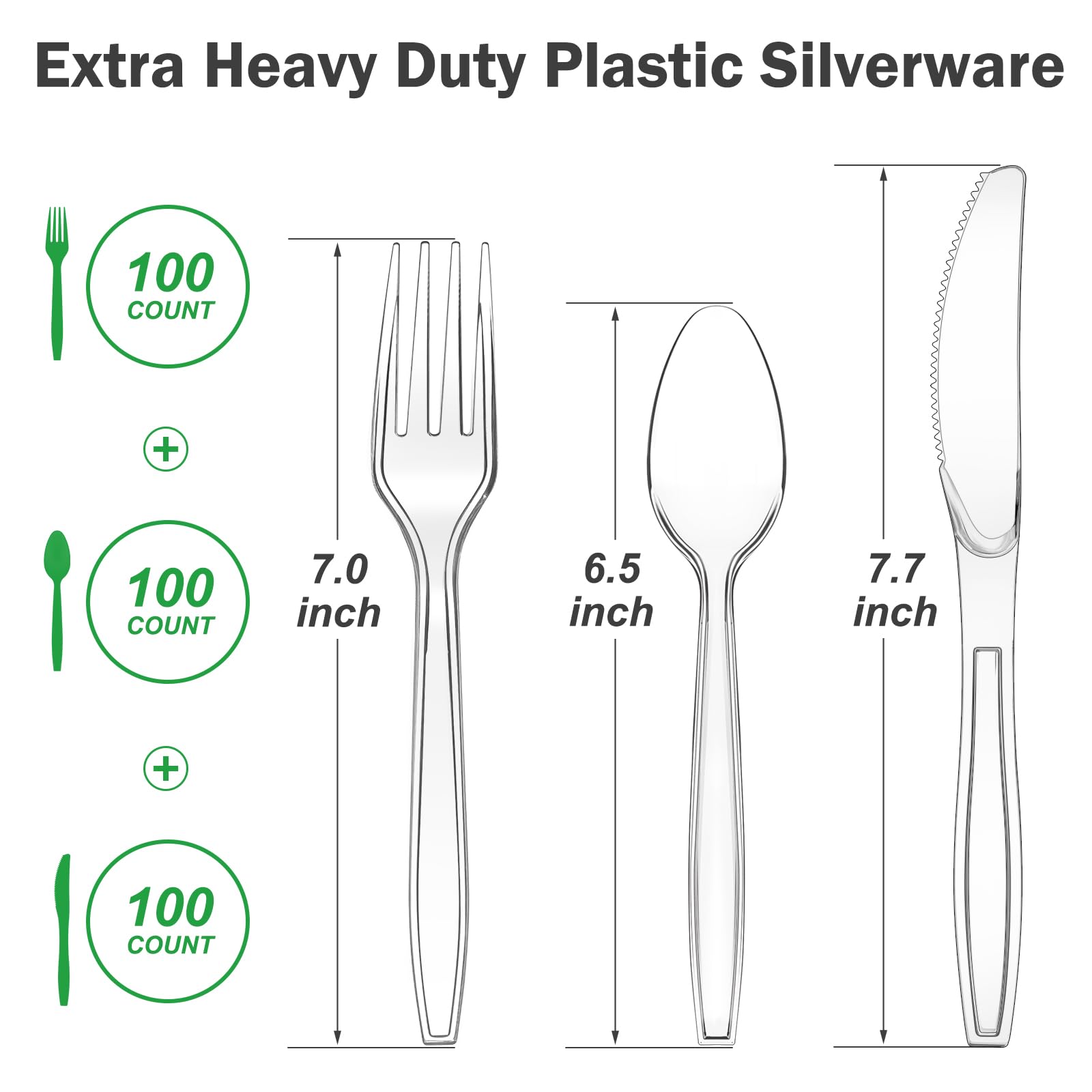 Dealusy 300 Count Extra Heavy Duty Clear Plastic Silverware, 100 Forks, 100 Spoons, 100 Knives, BPA-Free, Heat Resistant, Disposable Plastic Utensils