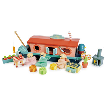 Tender Leaf Toys - Little Otter Canal Boat - 23 Pcs Furnished Wooden Boat Toy with Removeable Roof and Animal Figures - Gender-Neutral Open-Ended Play