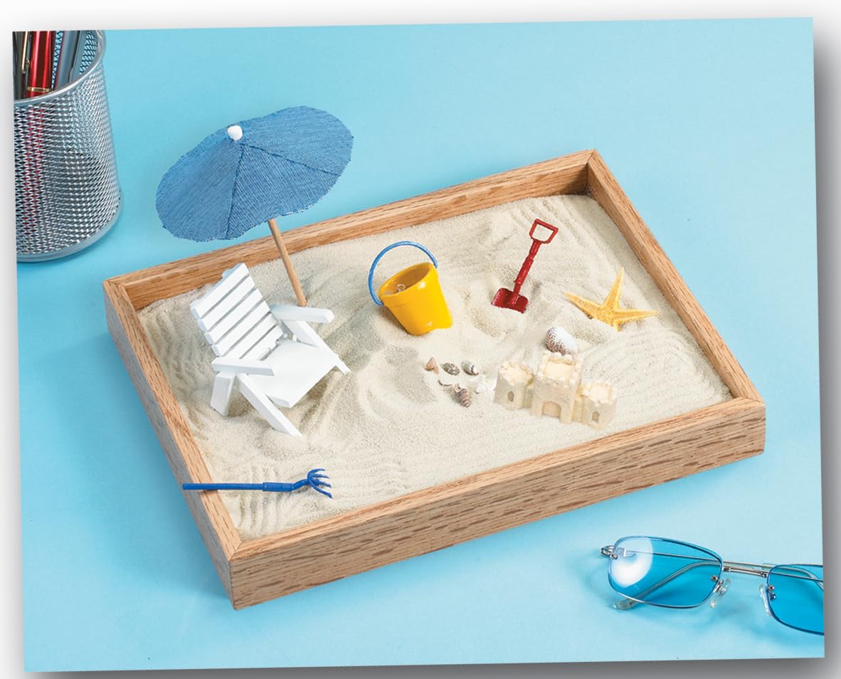 Executive Sandbox - Beach Themed Zen Garden - Desktop Stress Relieving Office Decor - Includes 8” x 10” Hardwood Sandbox, 8 Seaside Accessories,