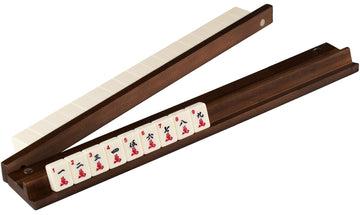 MUTEX American Walnut Wood Mahjong Racks with Pushers, 4pcs Mahjong Racks Set for Mahjong/Mexican Train/Dominoes, Elegant Wooden Mahjong Tiles Racks