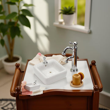 1:12 Scale Ceramic Sink with Removable Faucet - Miniature Dollhouse Bathroom and Kitchen Accessories for Victorian Style Decor, Realistic Doll House