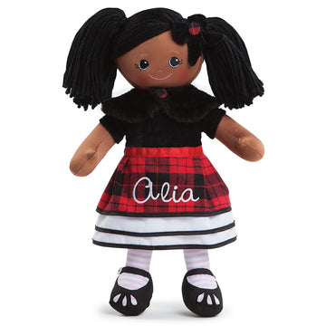 Personalized Planet My First Rag Doll with Custom Name Embroidered | African American Little Girl in Black and Red Plaid Skirt with Striped Stockings