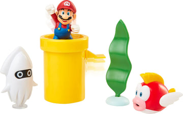 Nintendo Super Mario Underwater 2.5" Figure Diorama Play Set, Includes: Mario, Cheep-Cheep, Blooper, Mechanical Warp Pipe, Spinning Water Plant & Two