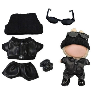 Clothes for Labubu Faux Leathe Cool 5-Piece Set - Biker Jacket,Pants,Shoes,Knit Hat & Sunglasses for 17cm Dolls(No Doll) (Black)