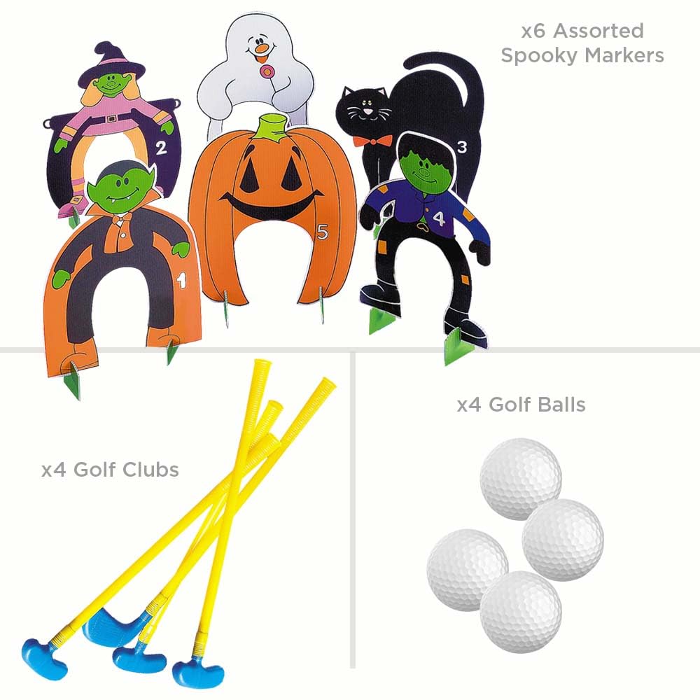 Fun Express Halloween Mini Golf Set for Kids Complete 26-Piece Party Game with 4 Clubs, Balls & Spooky Markers | Indoor Outdoor Halloween Activities
