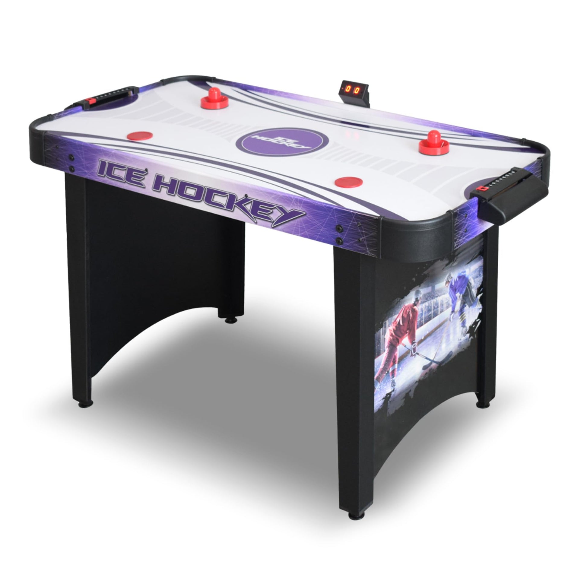Hathaway Hat Trick 4-Ft Air Hockey Table for Game Room - With LED Scoring, High-Output Blower, Manual Backup, Strikers & Pucks - Black and Purple