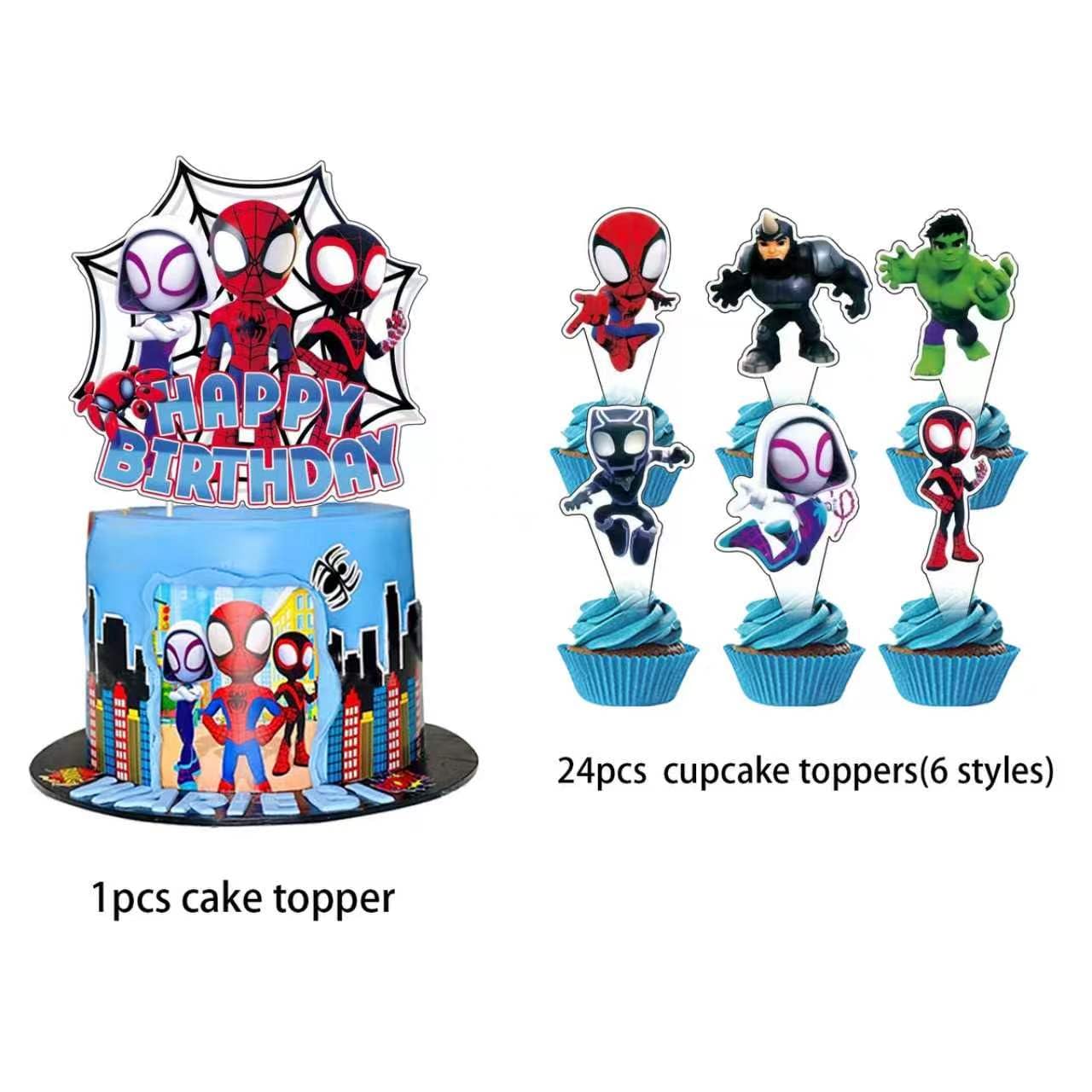 25Pcs Spider Cake Decorations with 24pcs Cupcake Toppers, 1pcs Happy Birthday Cake Topper, Cartoon Themed Party Supplies, Perfect for Birthday Party