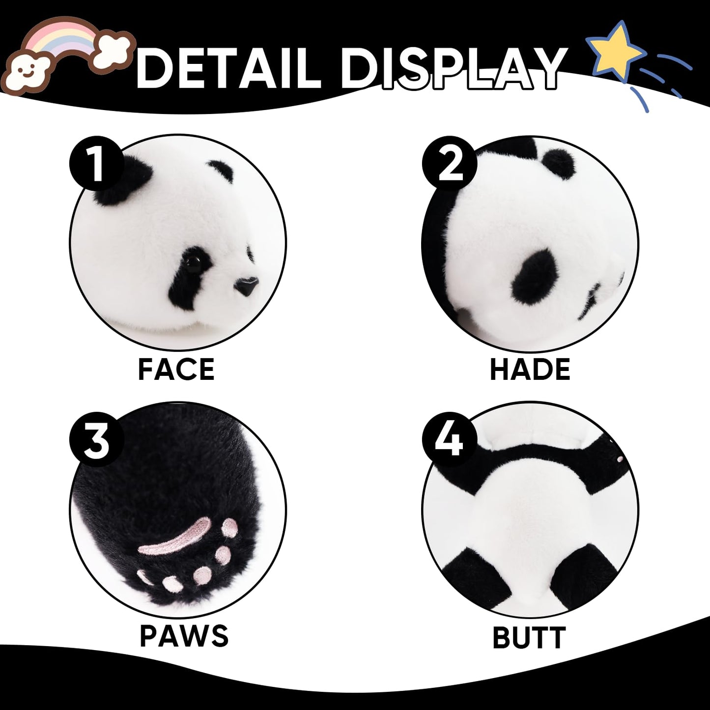 Furvana Plush Panda Stuffed Animal, Black and White Plush Pillow, 12" Soft Cuddly Toy, for Kids and Girls Birthday Christmas