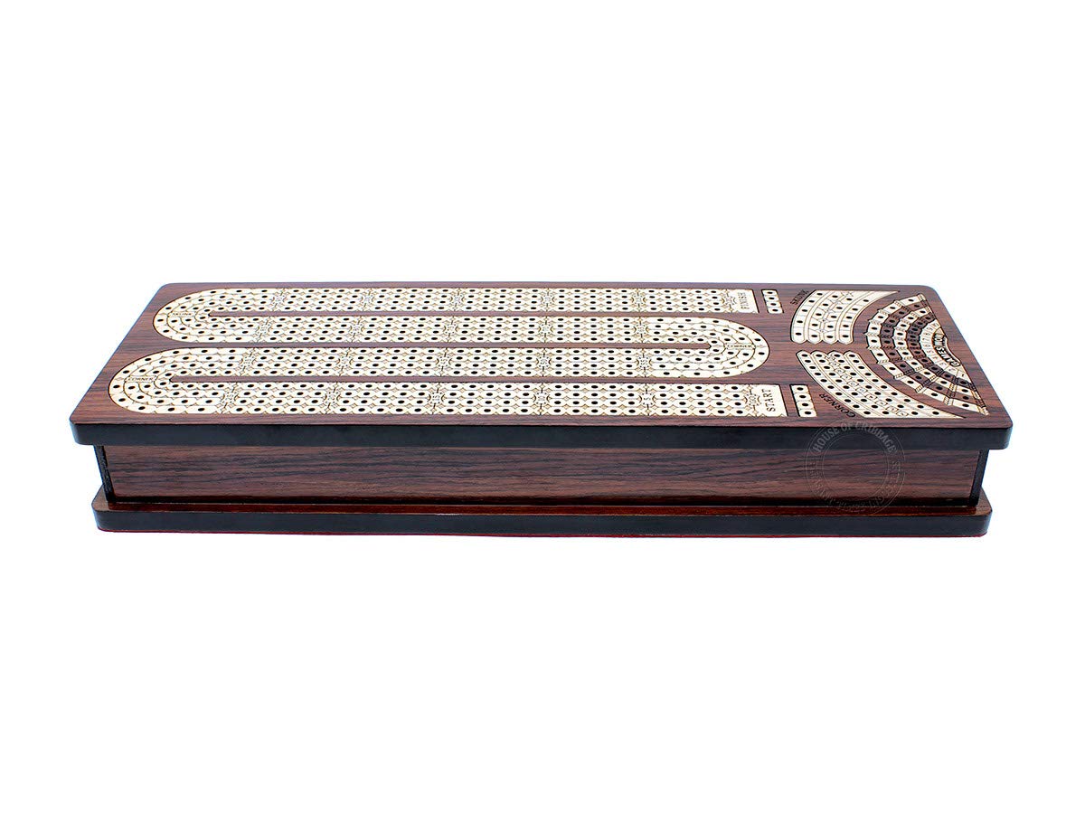 House of Cribbage - Continuous Cribbage Board/Box Inlaid in Rosewood/Maple : 4 Track - Side Drawers with Score Marking Fields for Skunks, Corners