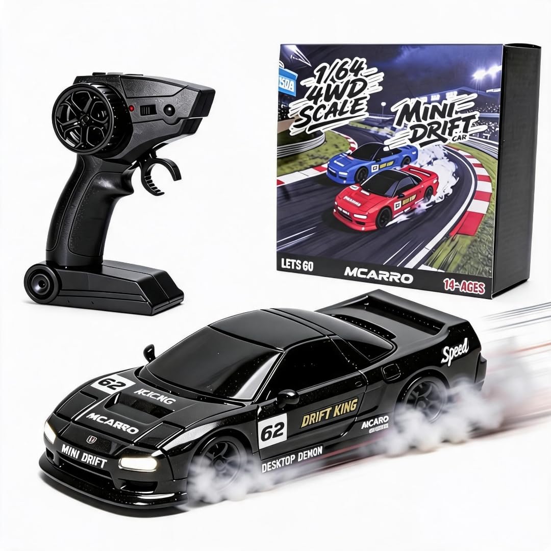 MCARRO 1/64 Scale Mini RC Drift Car, 60 Mins Playtime 2.4GHz Remote Control Car with 2-Speed Modes & LED Lights, Micro 4WD RC Stunt Race Car, (Black)