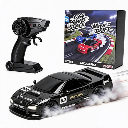 MCARRO 1/64 Scale Mini RC Drift Car, 60 Mins Playtime 2.4GHz Remote Control Car with 2-Speed Modes & LED Lights, Micro 4WD RC Stunt Race Car, (Black)