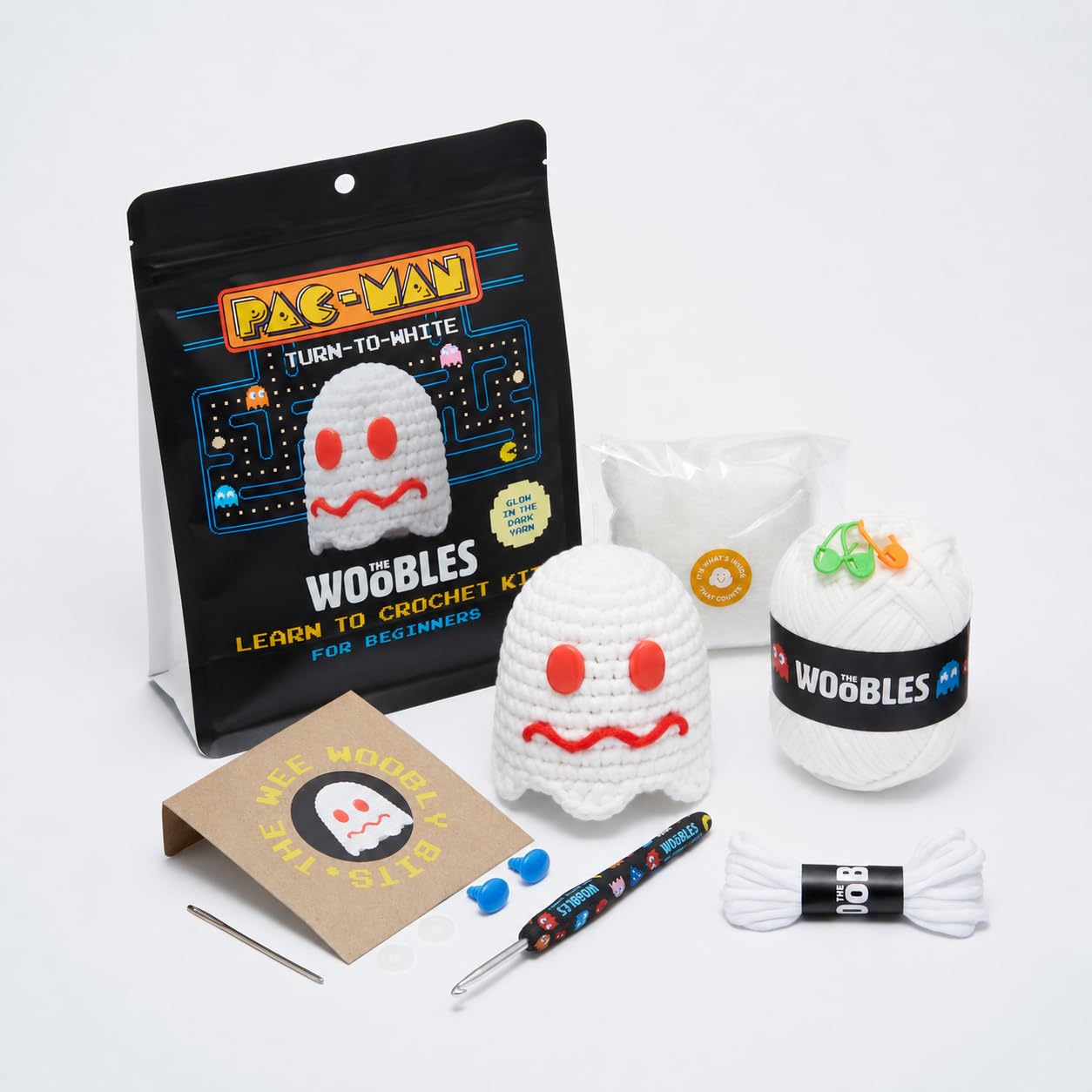 The Woobles Turn-to-White Glow-in-the-Dark Crochet Kit for Beginners - Officially Licensed PAC-MAN Ghost Amigurumi Kit, As Seen on Shark Tank, 4-in