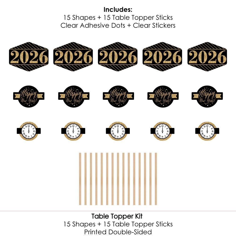 Big Dot of Happiness New Year's Eve - Gold - 2026 New Years Eve Party Centerpiece Sticks - Table Toppers - Set of 15