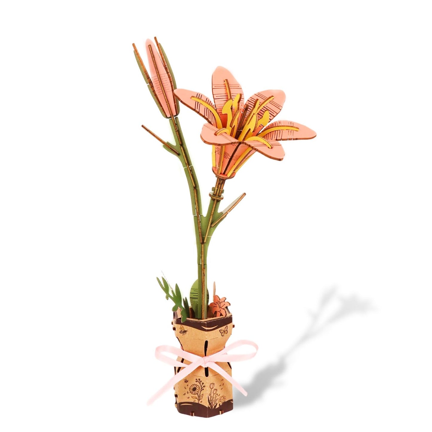 3D Flower Wooden Puzzles Kit, DIY Wooden Flowers Model Kit for Adults, Kids, Valentine's Day/Mother's Day/Birthday/Christmas Toy Gift Set (Pink Lily)