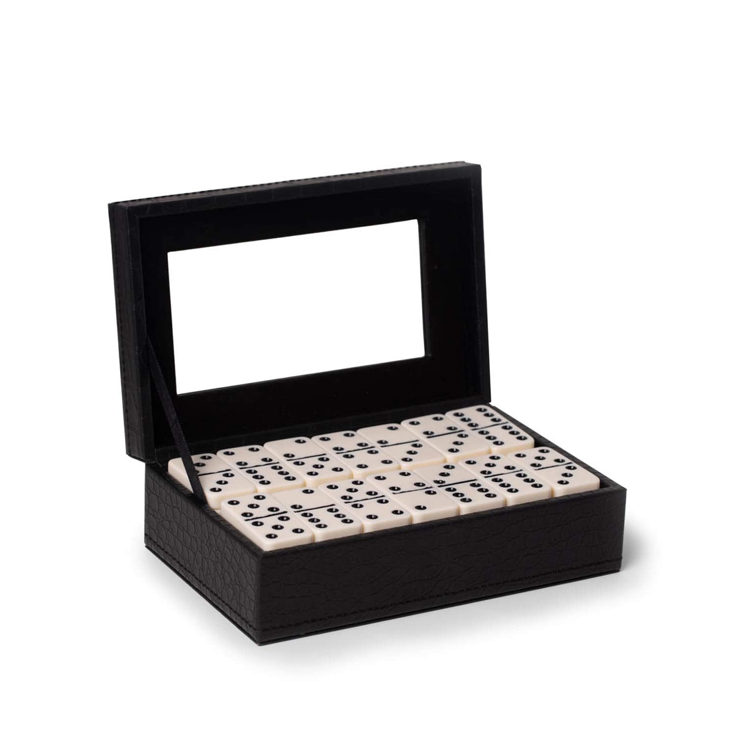 Bey-Berk Jaden Crocodile-Embossed Leather Domino Set, Double-6 55-Piece Tiles in Black Display Case, Coffee Table Game Set