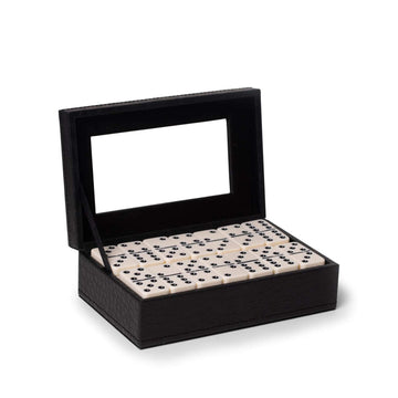 Bey-Berk Jaden Crocodile-Embossed Leather Domino Set, Double-6 55-Piece Tiles in Black Display Case, Coffee Table Game Set