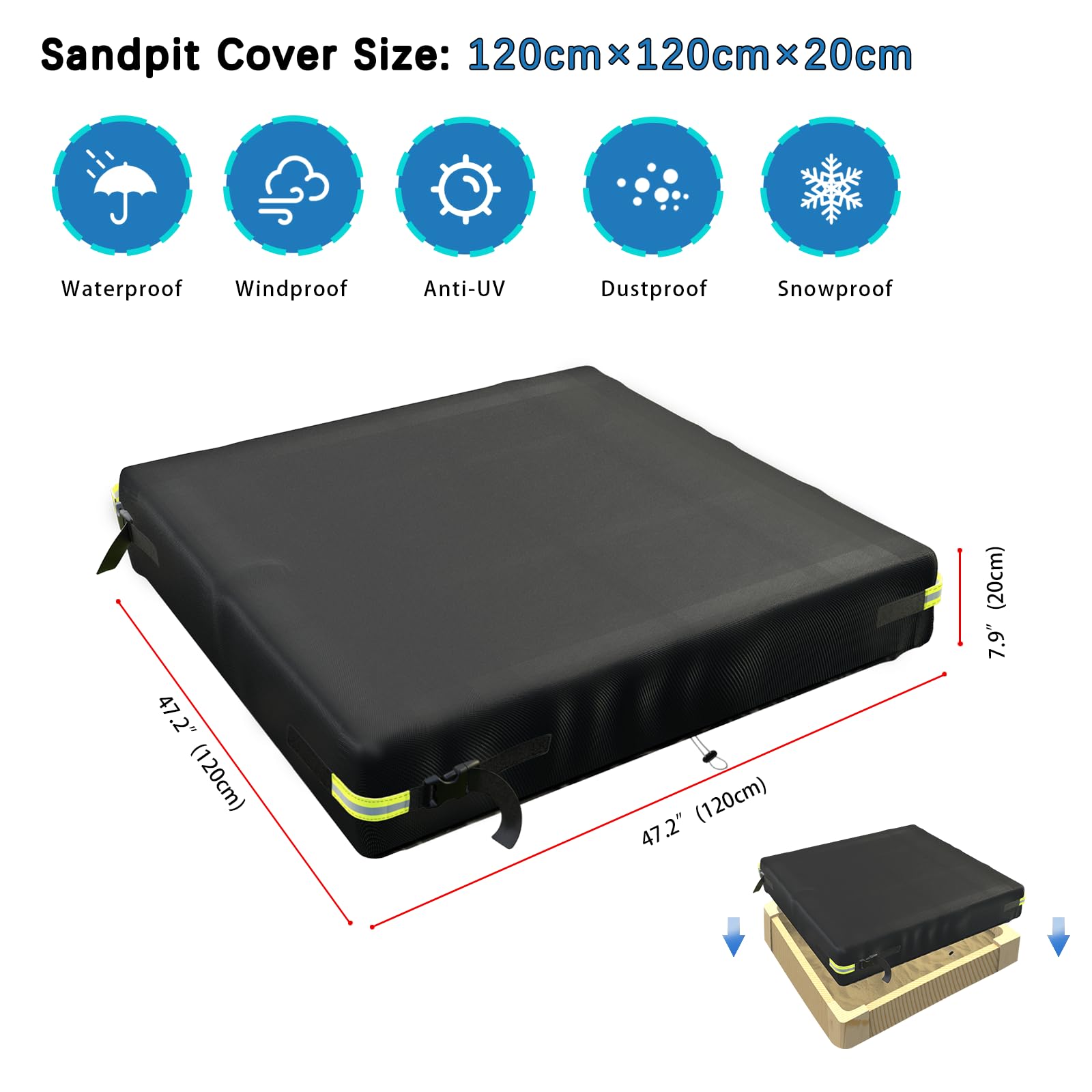 4x4 Feet Square Sandbox Cover Waterproof 600D Oxford Cloth PVC Coating Rainproof Anti UV Heavy Duty,for Kids Outdoor Protect Sandbox Sand