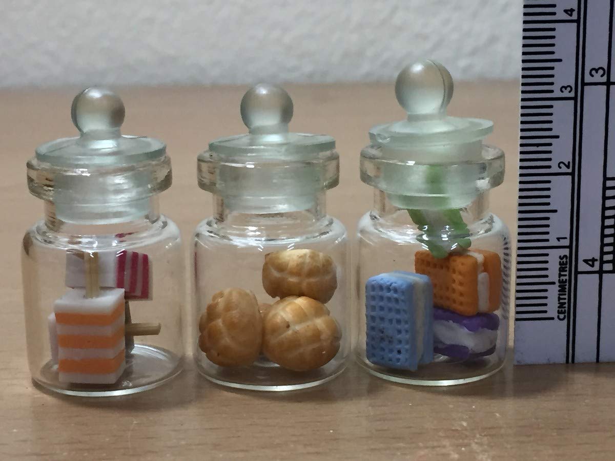3pc Miniature Food Chocolate Cake Candy Cookie Dollhouse Cake in Clear Glass Mini Bottle Fruit Food #MF083