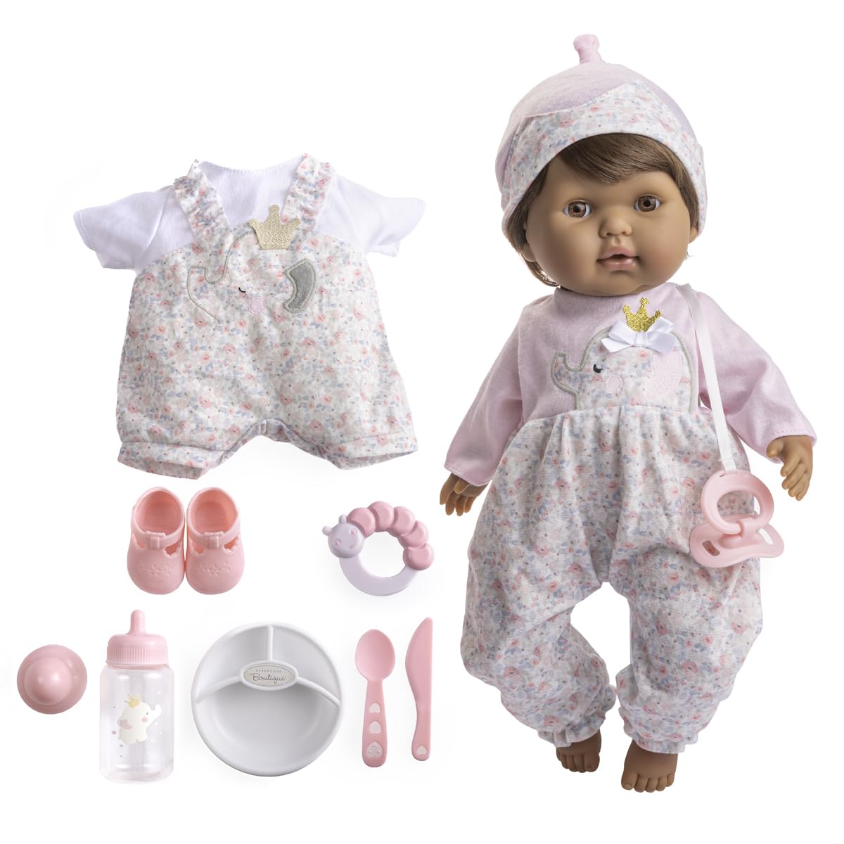 JC Toys 15" Realistic Soft Body Baby Doll with Brown Hair, Brown Eyes, Open/Close Eyes | 10 Piece Gift Set with Bottle, Rattle, Pacifier & Accessories