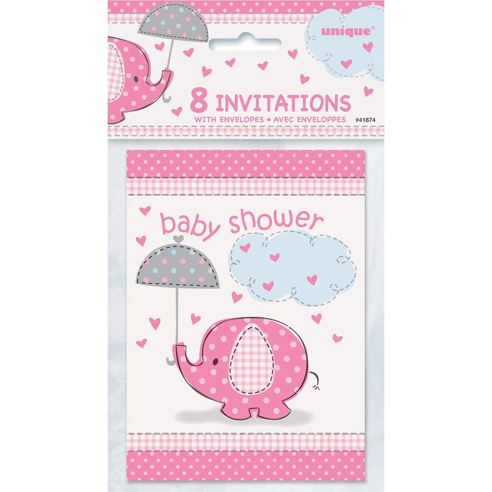 Elephant Baby Shower Party Invitations - 5.5" x 4", Pink, 8 Pcs