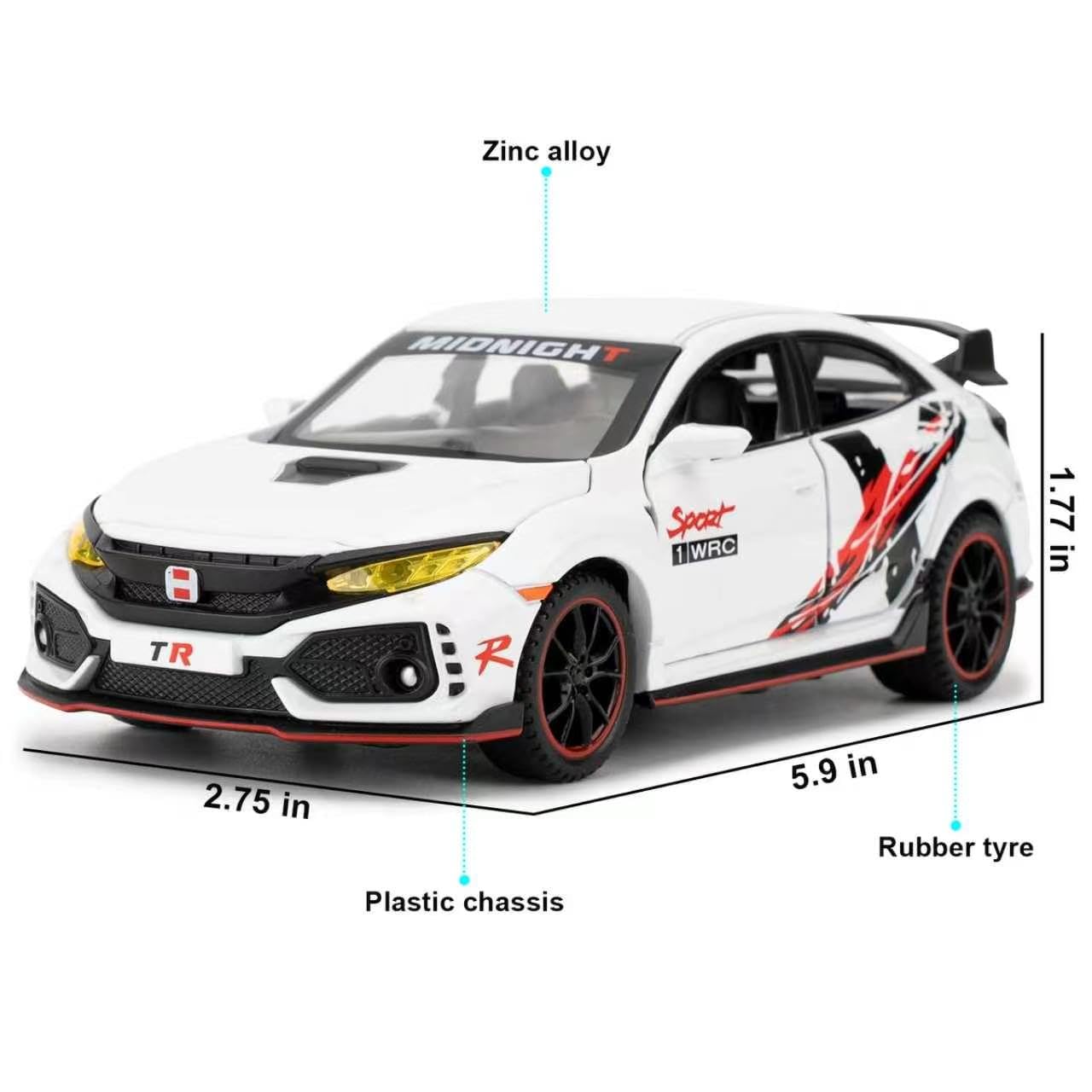 WAKAKAC Diecast Car 1/32 for Type-R Model Car Pull Back Toy Car with Light and Sound Model Vehicles for Boys Girls Gift(White)