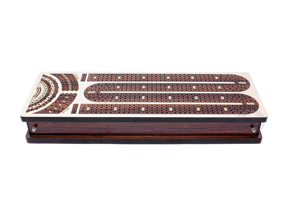 House of Cribbage - Continuous Cribbage Board/Box Inlaid in Maple/Rosewood : 4 Track - Side Drawers with Score Marking Fields for Skunks, Corners