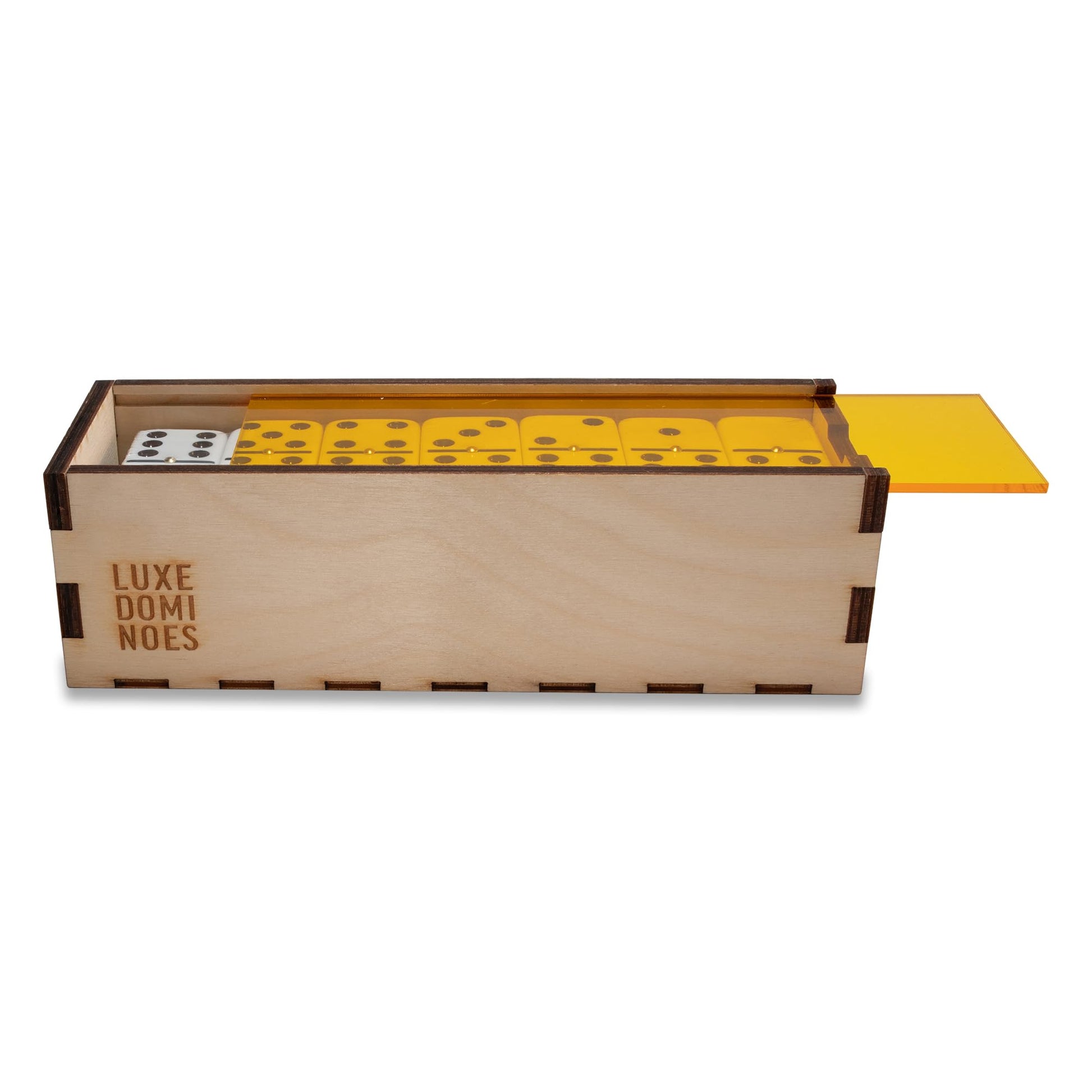 Deluxe Modern Domino Set Double Six, with Jumbo Sized Tournament Dominoes Black and White Two Toned with Spinner (Rivets) in Wood Box with Acrylic Top