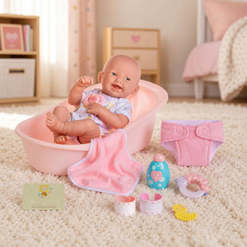 8 piece Layette Deluxe Bathtub Gift Set | JC Toys - La Newborn | 14" Life-Like Smiling Vinyl Newborn Doll w/ Accessories | Pink | Waterproof |Ages 2+