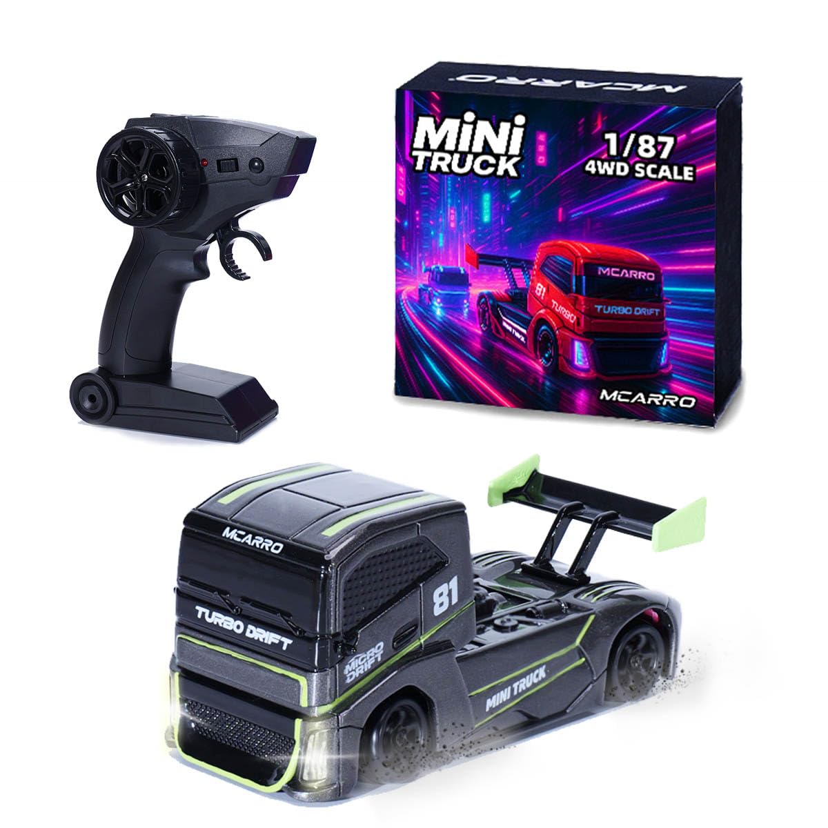 MCARRO 1/87 Scale Drift Rc Car - Semi-Truck Edition | 2.4GHz 4WD High-Speed Mini Remote Control Truck with Racing Lights (Gray)