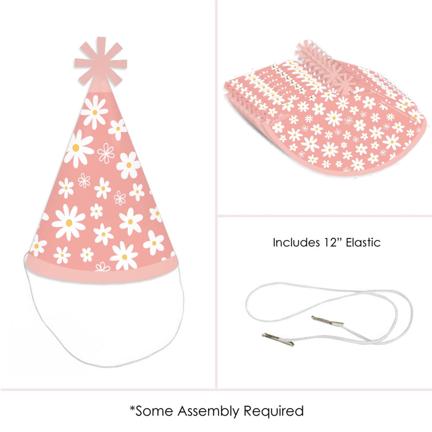 Big Dot of Happiness Pink Daisy Flowers - Cone Happy Birthday Party Hats for Kids and Adults - Set of 8 (Standard Size)