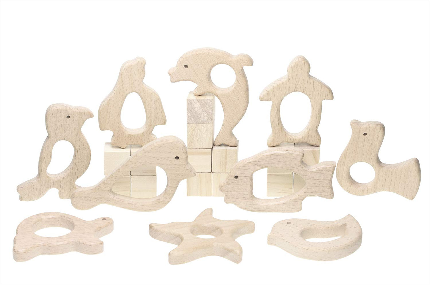 Penta Angel 10Pcs Wood Teething Rings Pain Relief Natural Wood Teething Toys Wooden Teether Animals for Infant Toddler, Turtles Swallows Dolphins