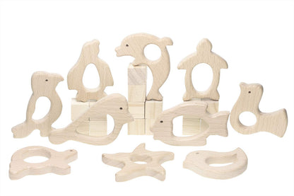 Penta Angel 10Pcs Wood Teething Rings Pain Relief Natural Wood Teething Toys Wooden Teether Animals for Infant Toddler, Turtles Swallows Dolphins