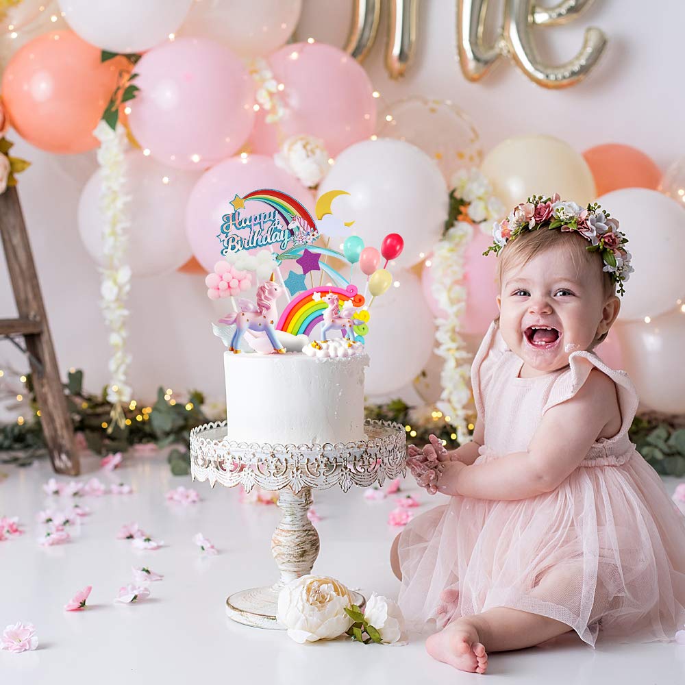 MOVINPE Unicorn Cake Topper, 2 Magic Unicorns Sculpture, 1 Rainbow, 1 Happy Birthday Banner, 2 Cloud, 4 Balloon, 12 Stars, 1 Moon, Cake Decoration